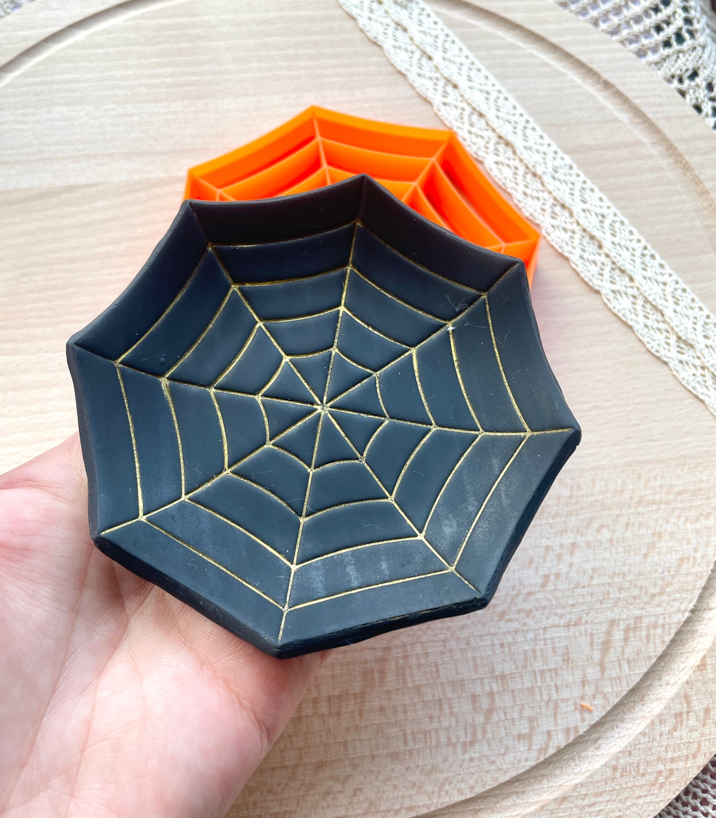 Spiderweb trinket dish clay cutter, Halloween clay cutter