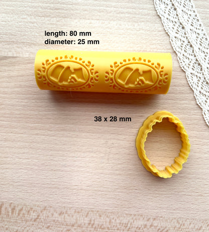 Halloween portrait texture roller with a clay cutter, Pattern roller for polymer clay