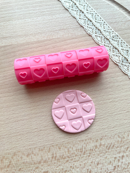 Hearts checkerboard texture roller, Pattern roller for polymer clay, Valentine's texture