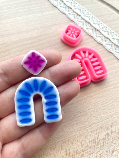 Ceramic Azulejo style earring clay cutter, Faux ceramic polymer clay cutter set